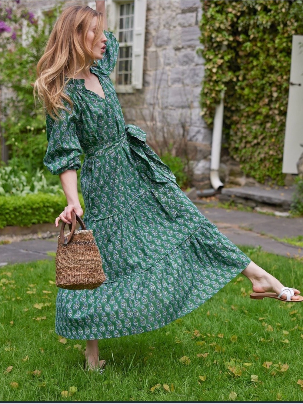 Green Paisley Tiered Maxi Dress with Waist Tie